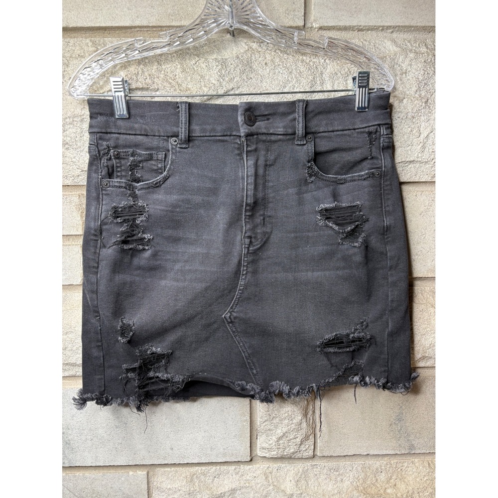 American Eagle Distressed Denim Mini Skirt Washed Black Raw Hem Womens Size 10